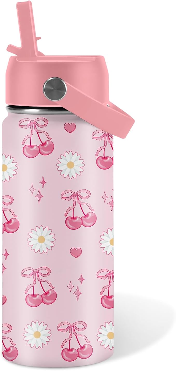 Cherry Gifts for Kids - 16oz Pink Kids Water Bottle with Straw Lid, Stainless Steel Insulated Tumbler, Leakproof, BPA-Free, for Girls, School, Travel - Cherry Lovers Children Birthday Gift Cup (1pc) - Bloomnest