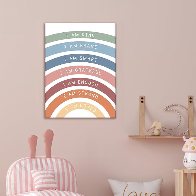 Framed Inspirational Canvas Art Wall Decor, Positive Quotations Picture Prints, Modern Boho Daily Affirmations Wall Art, Cute Rainbow Room Decor for Nursery Classroom Bedroom – 12x16in - Bloomnest
