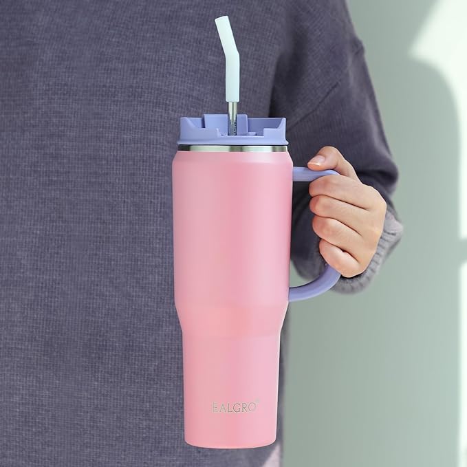 Insulated Coffee Mug Cup with Lid, 40 oz Tumbler with Handle and Straw, Double walled Stainless Steel Coffee Tumbler, Thermal Water Bottle Jug, Navy Blue - Bloomnest