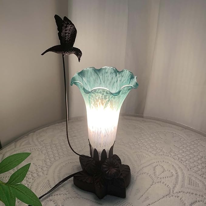 Bieye LL08 Hummingbird Flying Over Lily Flower Blown Glass Table Lamp for Home Decor (White Cyan, 4.25Wx12H)