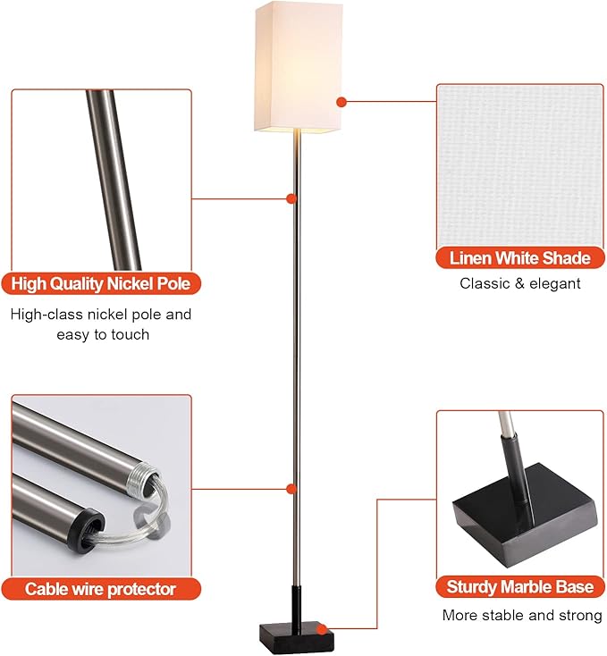 Floor Lamp, 3-Way Touch Control Dimmable Standing Lamp with Sturdy Marble Base, Brushed Nickel Touch Floor Lamp Tall Lamp with Square Linen Shade for Living Room, Bedroom, LED Bulb Included - Bloomnest