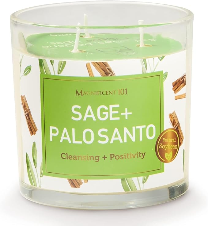 MAGNIFICENT 101 Sage & Palo Santo Candle - 14 Oz - 56 Hr Burn Time - Soy Wax Smudge Candle for Negative Energy Cleansing & Manifestation Magnificent101