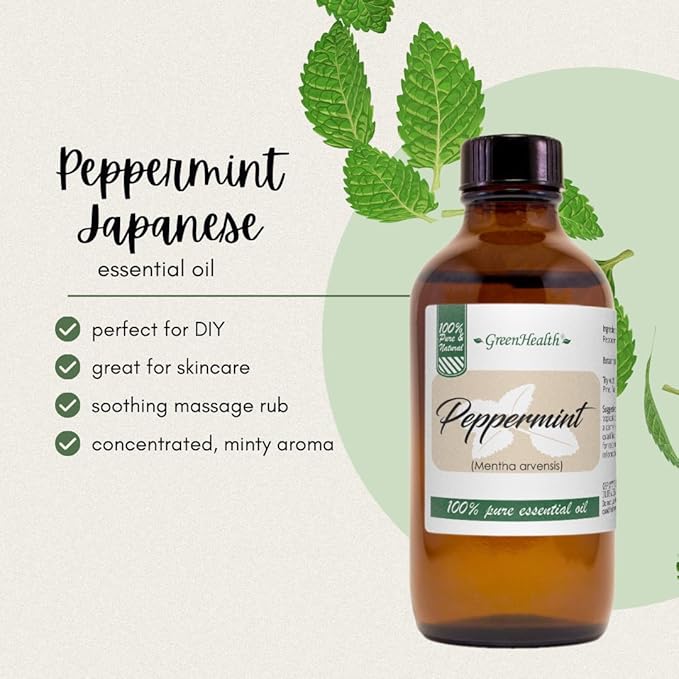 GreenHealth Peppermint Essential Oil – 2 fl oz – 100% Pure & Natural – Strong Menthol Aroma – Steam-Distilled – for Diffusers, Cleaning, DIY, and Aromatherapy Greenals