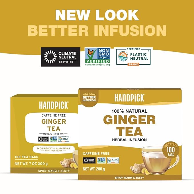 HANDPICK, Ginger Tea Bags (100 Herbal Tea Bags), Authentic Indian Origin, Caffeine Free & 100% Pure Ginger Root |Soothing & Spicy Blend | Round Eco Conscious Teabags - Bloomnest