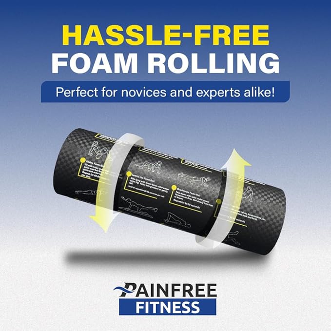 Fitness Foam Roller with Printed Exercises - 17''x 6'' Lightweight EPE/PE Exercise Roller Foam - Includes 12 Guided Stability, Mobility & Recovery Moves - Dual Color Instructional Design - Bloomnest