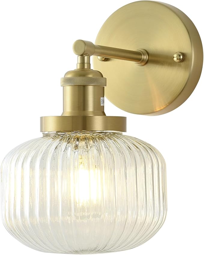 Vintage Wall Sconces with Clear Pumpkin Glass Lampshade, Indoor Bath-Room Wall Sconce, Modern Gold Industrial Lighting Fixture for Mirror Living Room Hallway 1 Pack - Bloomnest