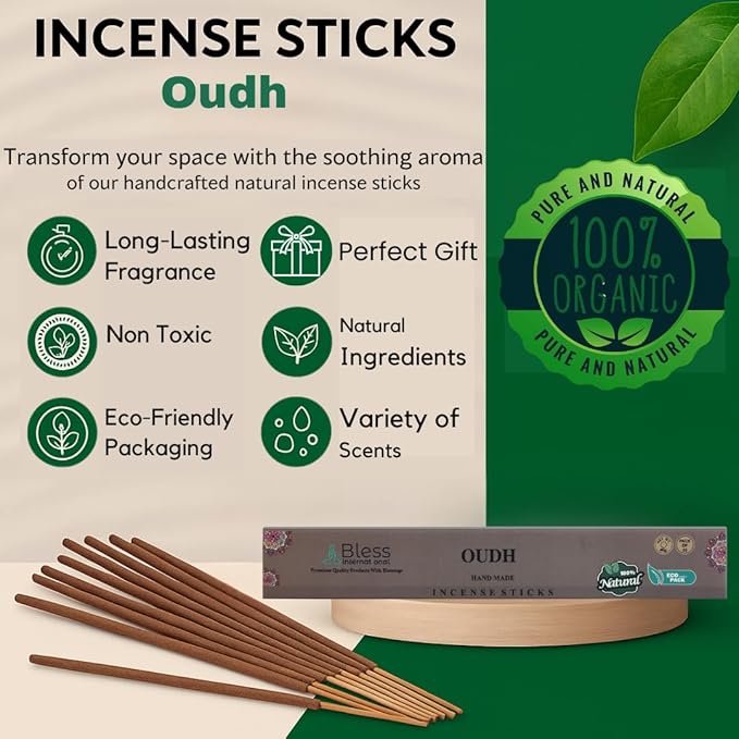 Bless-Oudh 100%-Natural-Handmade-Hand-Dipped-Incense-Sticks Organic-Chemicals-Charcoal-Free Purification-Relaxation-Positivity-Yoga-Meditation Best-Woods-Scent (100 Sticks(5.25 OZ)) BlessInternational