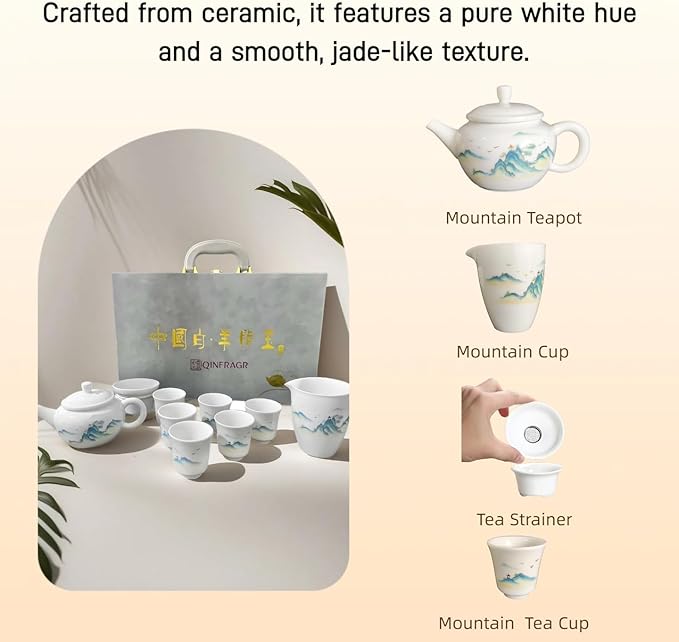 Landscape-Painted Chinese Gongfu Porcelain Tea Set: 6 Teacups & 1 Teapot. Made of Chinese/Japanese-style porcelain, ideal as a gift for business occasions & holidays(Landscape Design) - Bloomnest