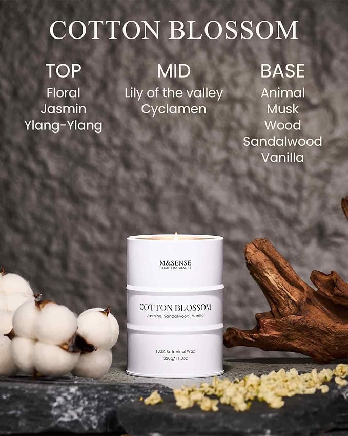 M&SENSE Cotton Blossom Scented Candles Natural Non Toxic, Aromatherapy Candle for Stress Relief Meditation Relaxing, Housewarming Gifts for Women Men, 11.3oz 70 Hour Long Burning - Bloomnest