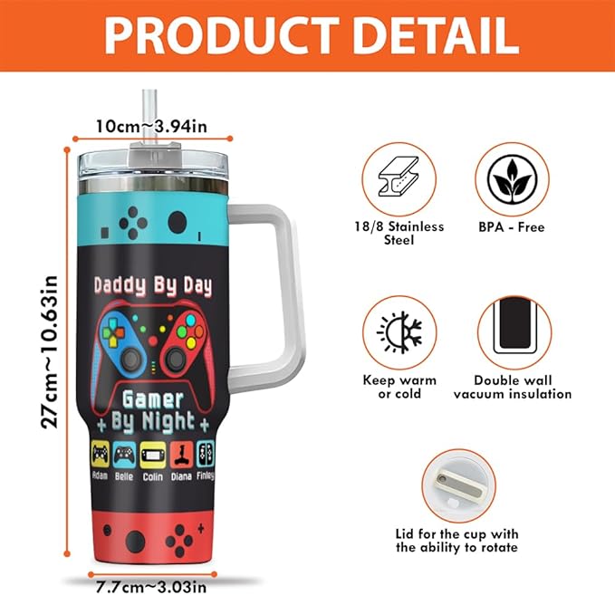Personalized Gamer Dad Tumbler with Handle and Straw, Custom Controller Design with Kids’ Names, Funny Father’s Day Gift for Gaming Father or Retro Player - Bloomnest