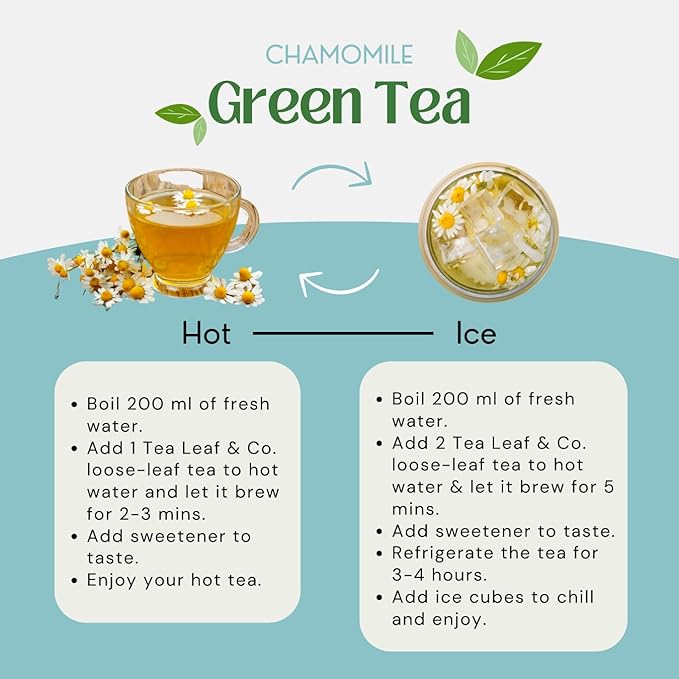Tealeaf & Co. Chamomile Green Tea Loose Leaf with Lemon Extract and Lemongrass - Chamomile Tea - Contains Low Caffeine - Upto 50 Servings - Gluten Free (3.52oz/100gm) - Bloomnest