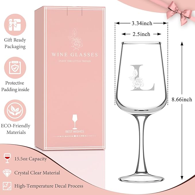 Valentines Day Gifts for Her Women - Personalized Initial Wine Glasses Custom Gift, Galentines Gift Christmas Mothers Day Birthday Gifts for Women Her Mom Wife Best Friend Sister (L) - Bloomnest