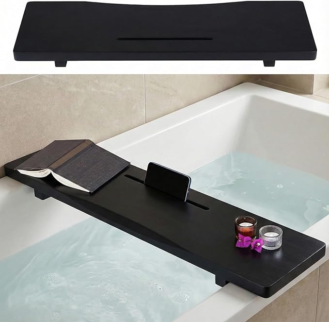 Stylish Black Bamboo Bathtub Tray Caddy with Adjustable Legs, Minimalistic Design Bath Tray for Tub, Bathtub Accessories, Fit Standard and Against Wall Bath Tubs, Gift Idea for Women - Bloomnest