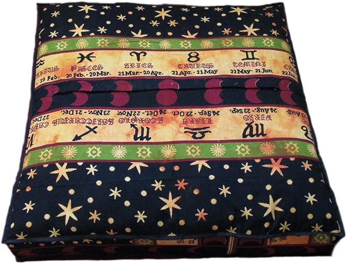 ICC Yellow Zodiac Mandala Barmeri Large Floor Pillow Cover Cushion Meditation Seating Ottoman Throw Cover Hippie Decorative Zipped Bohemian Pouf Ottoman Pom Pom Cases 24" Square - Bloomnest