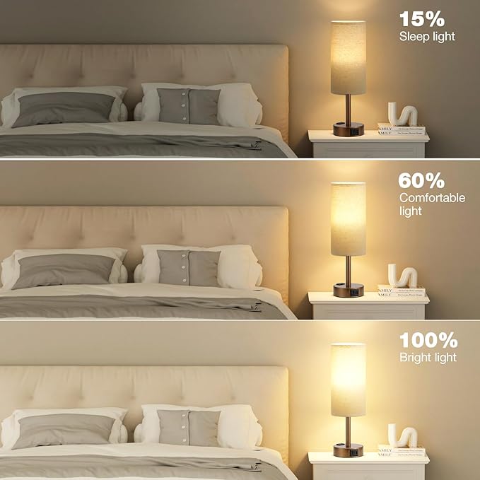 Fenmzee Brown Bedside Table Lamp for Bedroom - 3 Way Dimmable Touch Lamp USB C Charging Ports and AC Outlet, Small Lamp Round Flaxen Fabric Shade for Living Room, Desk, LED Bulb Included - Bloomnest