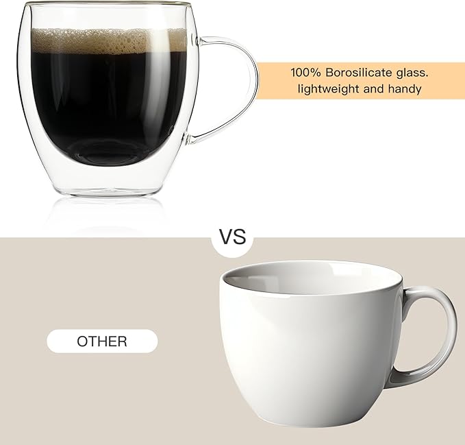 Aurzen 2 Pack Double Walled Glass Coffee Mugs with Handles 8.5oz, Large Insulated Layer Coffee Cups, Clear Borosilicate Mugs, Perfect for Cappuccino, Tea, Microwave Safe (8.5oz-2Pack) - Bloomnest