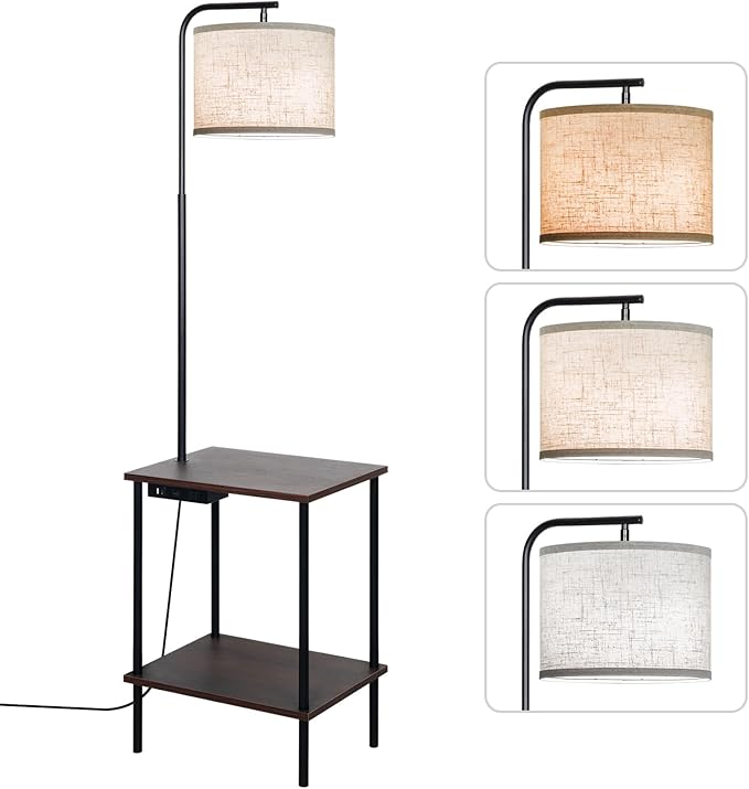 Floor Lamp with Table, End Table Lamp with USB Charging Port Power Outlet and Shelves, Side Table Reading Light with 3 Color Temperature Led Bulb Included, Floor Lamps for Living Room, Walnut - Bloomnest
