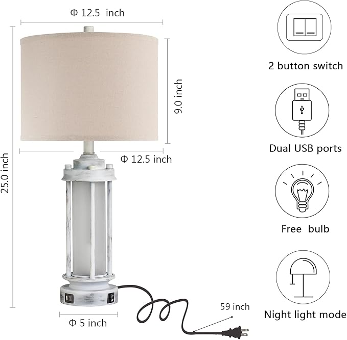25" Rustic Table Lamps Set of 2, Vintage Nightstand Lamps with 2 USB Ports, Farmhouse Antique White Desk Lamp with Glass Night Light for Living Room Bedroom Dorms, 4 Bulbs Included - Bloomnest