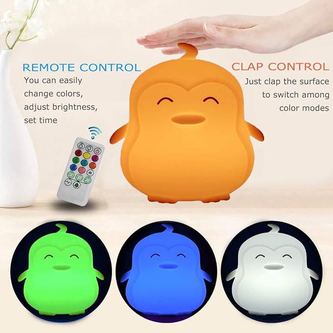Large Penguin Night Lights for Babies Bedroom Light, lamp Kids, Toddler Nursery lamp Soft Decorative Lamps - Break Resistant, Eye Caring, Adjustable Brightness & Color, Time Setting - Large - Bloomnest