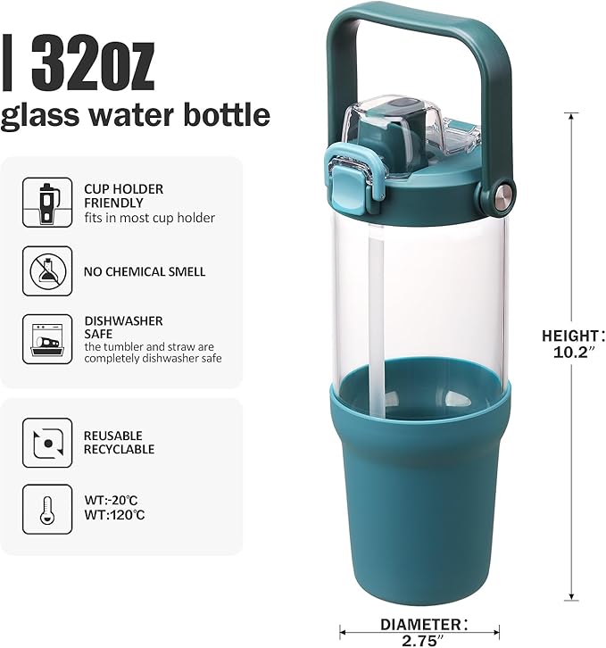Glass Tumbler with Carry Handle, Clear Glass Water Bottle with Leakproof Lid, Spout Lid&Straw, BPA-Free, 32 oz, Peacock Blue - Bloomnest