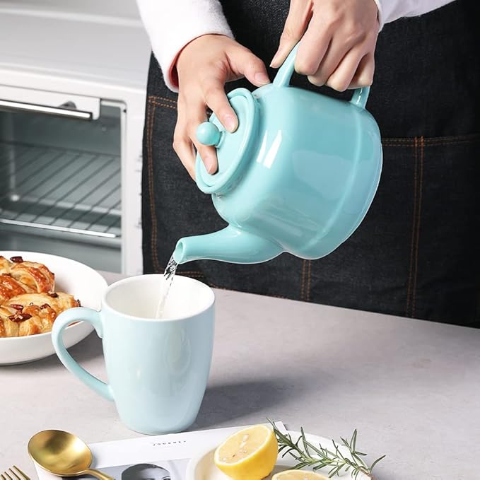 Sweejar 35 oz Porcelain Tea Pot, Teapot with Removable 18/8 Stainless Steel Infuser, Microwave & Dishwasher Safe Tea Maker, Tea Infuser Pots for Blooming loose Leaf Tea,Chrismas Women Gift (Turquoise) - Bloomnest