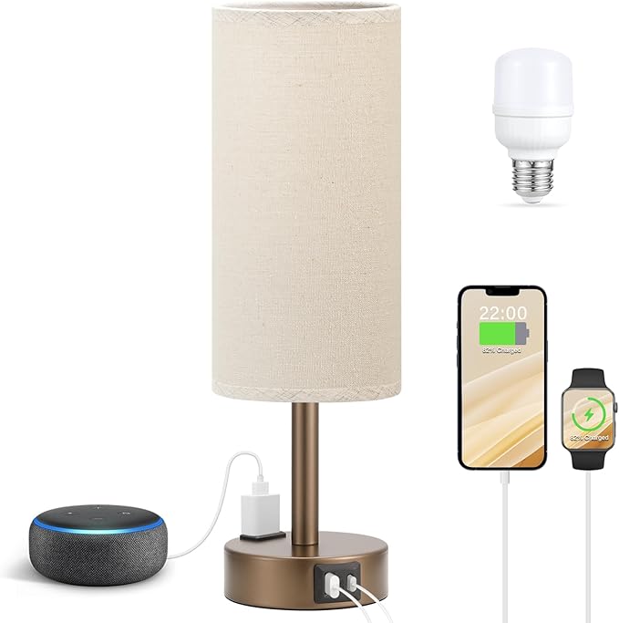 Fenmzee Brown Bedside Table Lamp for Bedroom - 3 Way Dimmable Touch Lamp USB C Charging Ports and AC Outlet, Small Lamp Round Flaxen Fabric Shade for Living Room, Desk, LED Bulb Included - Bloomnest