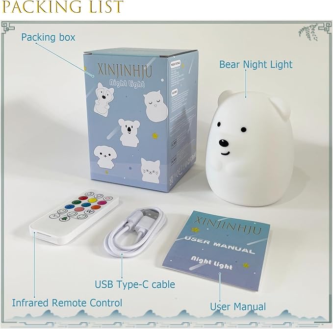 Night Lights Bear Light for Children's Room Portable Night Light for Kids Animal Lights for Girls and Boys Lamps for Bedroom Adjustable Brightness & Color Time Setting Gift - Medium - Bloomnest