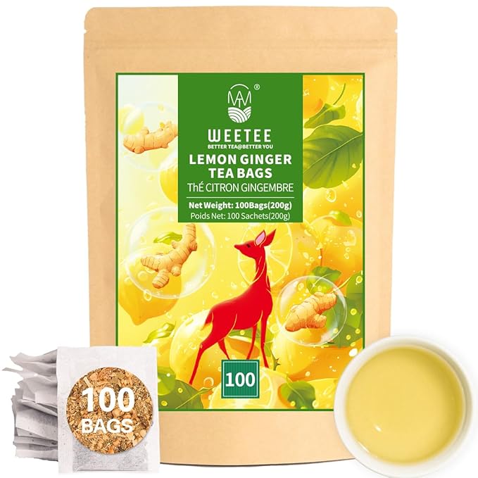 WT WEETEE Lemon & Ginger Herbal Tea, 100% Natural Ingredients, Made With Lemongrass, 100 Count Caffeine-Free Tea Bags - Bloomnest