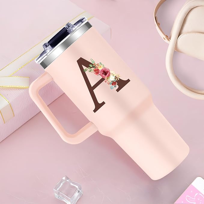 Monogrammed 40oz Tumbler With Handle for Women, Personalized Birthday Gift, Initial Cups Floral Letter A, Customized Lady Gift for Mother's Day Christmas - Bloomnest