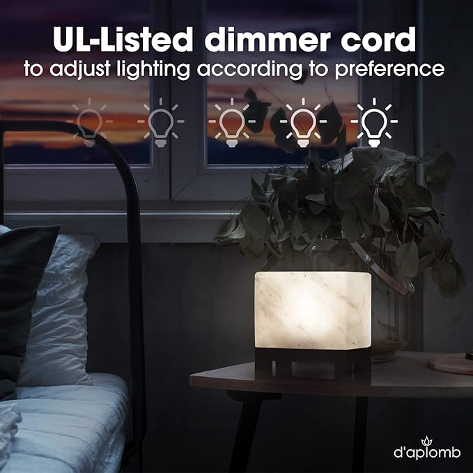 d'aplomb 100% Authentic Natural Himalayan Salt Lamp;Hand-Carved Modern Rectangle Rare White Crystal Rock Salt from The Himalayan Mountain; Footed Wood Base, Dimmer Cord; 11.5 lbs