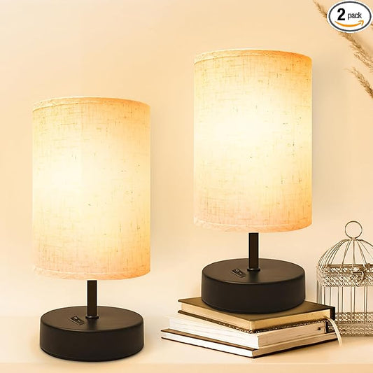Small Table Lamp, Minimalist with Flaxen Shade, 9 Inch Design for Bedroom & Dorm Room, 2 Pack - Bloomnest