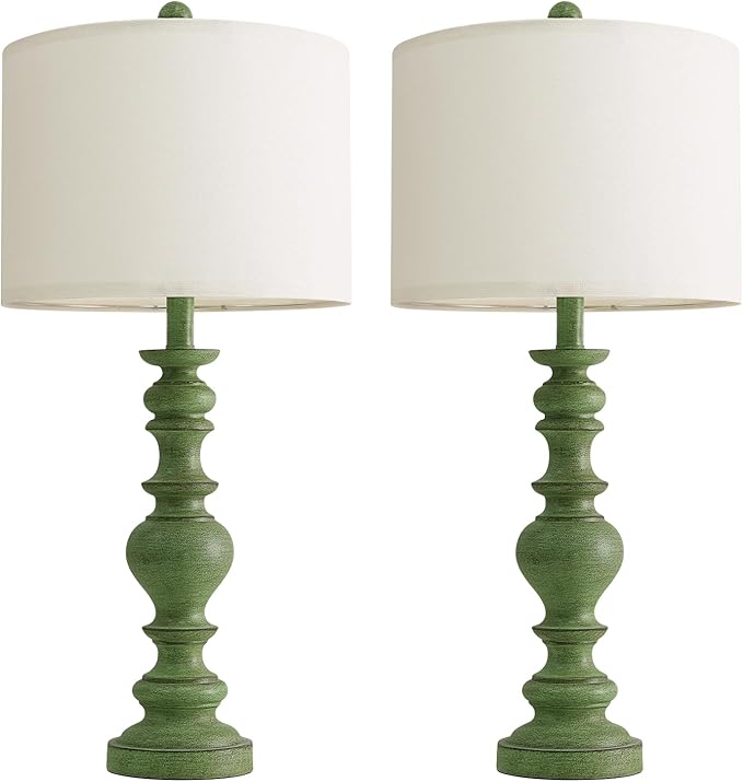 BOBOMOMO 27" Sage Green Table Lamps Set of 2, Large Farmhouse Resin Lamps with Linen Shades, Green Vintage Lamps for Living Room, Bedroom, or Entryway, Rustic Elegant Home Décor - Bloomnest