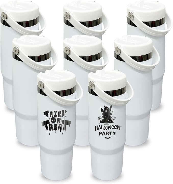 30 oz Tumbler with Handle, Double Wall Vacuum Insulated Tumblers with Flip Straw, Coffee Mug 30oz Powder Coated Cup for Hot and Cold Drinks(Black Plated, White,8 pack)