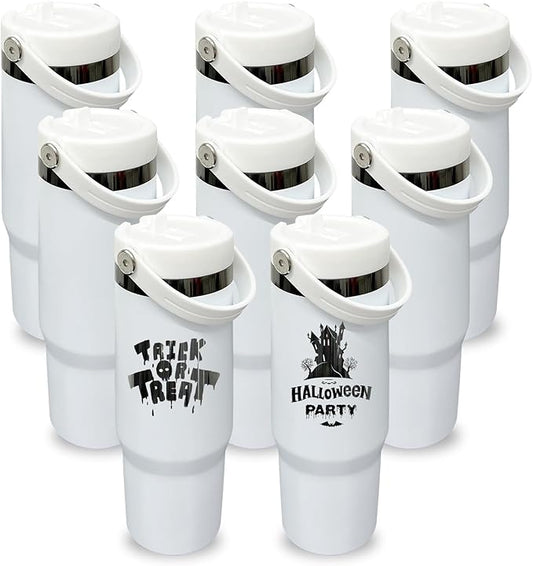 30 oz Tumbler with Handle, Double Wall Vacuum Insulated Tumblers with Flip Straw, Coffee Mug 30oz Powder Coated Cup for Hot and Cold Drinks(Black Plated, White,8 pack)