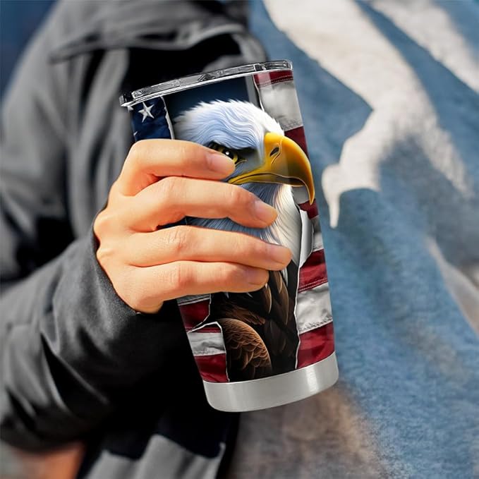 SANDJEST Eagle Tumbler 20oz Stainless Steel Insulated Coffee Travel Mug Cup American Flag Eagle Gifts for Men, Veterans on Birthday Christmas - Bloomnest