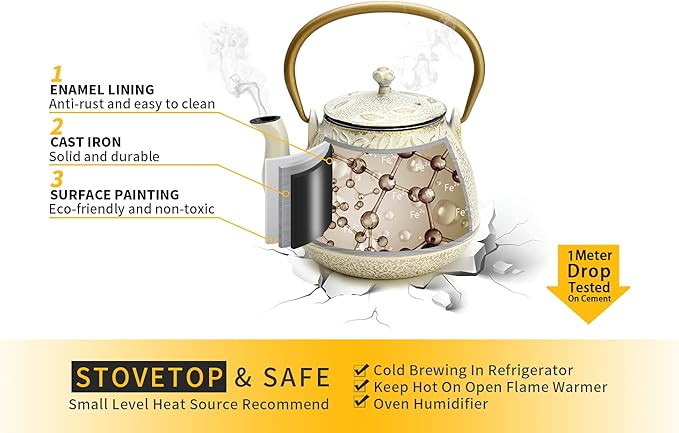 Toptier Cast Iron Tea Kettle, Stovetop Safe Japanese Cast Iron Teapot with Infuser, Leaf Design Tea Kettle for Stove Top Coated with Enameled Interior for 32 Ounce (950 ml), Warm Beige & Gray - Bloomnest