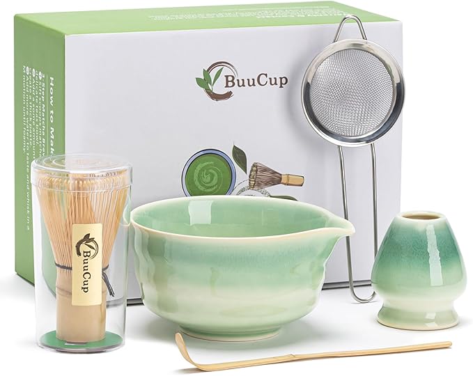 Japanese Matcha Set, Matcha Bowl with Spout, Matcha Whisk and Holder, Bamboo Matcha Scoop and Stainless Steel Sifter - 5 Pcs Gradient Green Matcha Kit for Matcha Lover - Bloomnest