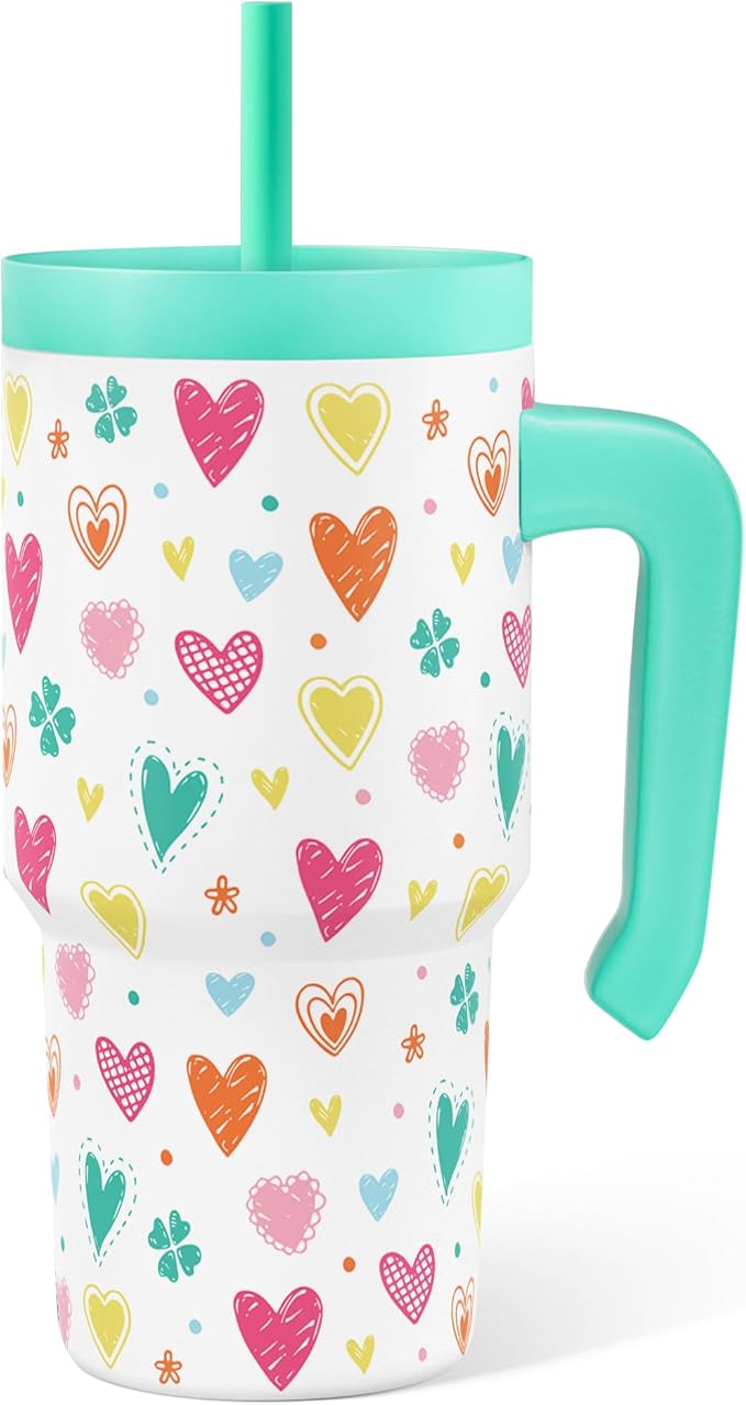 Heart Design Kid 20oz Tumbler with Handle and Silicone Straw Lid, Insulated Stainless Steel Cup, Gift for Kids Girls, Gifts Idea for Birthday Christmas Back to School - Bloomnest
