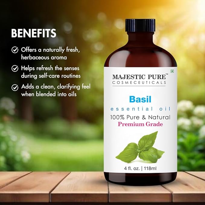 Majestic Pure Basil Essential Oil with Glass Dropper - Huge 4 Fl Oz - 100% Pure and Natural Basil Oil - Premium Grade Essential Oils for Diffuser, Aromatherapy, Soap and Candle Making - Bloomnest
