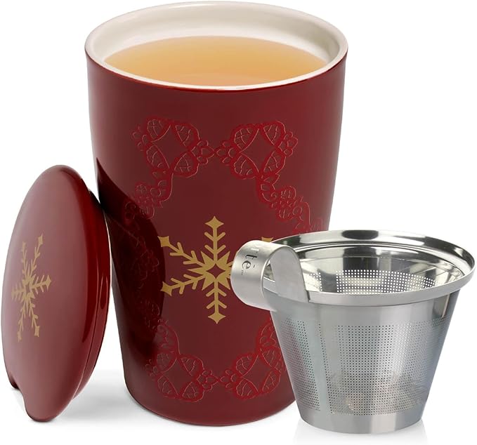 Tea Forte Double-Walled Ceramic Kati Cup, Removable Stainless Steel Infuser Basket and Lid, Steeps 12 oz Loose Leaf Tea, Dishwasher & Microwave Safe, Warming Joy - Bloomnest