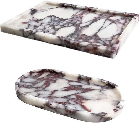 Real Luxurious Natural Marble Vanity Tray Genuine Marble Storage Tray for Home Decor Stone Tray for Bathroom/Kitchen/Vanity/Dresser Non-Resin/Non-Ceramic/Viola Oval Set - Bloomnest
