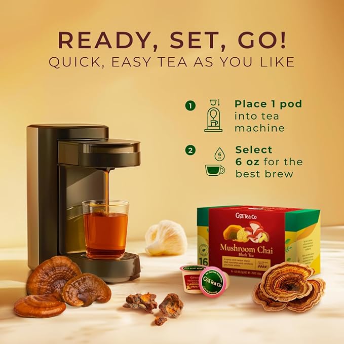 Gya Tea Co Caffeinated Mushroom Chai Black Tea Pod (16 Count) - Smooth, Flavourful, Robust, Enjoy Hot or Iced - Bloomnest