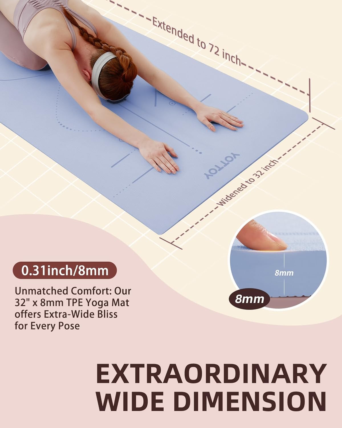 YOTTOY Yoga Mat, 72"x 32"x1/3" Extra Wide Non-Slip Exercise Fitness Yoga Mats,Eco-Friendly TPE Exercise Mats for Women Men Home Workout with Strap Bag