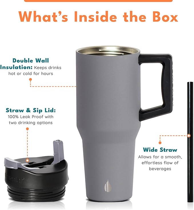 Elemental 32 oz 100% Leak Proof Tumbler with Handle & Straw - Stainless Steel Double Wall Insulated Tumbler for Hot and Cold Beverages - Travel Coffee Mug with Sip & Straw Lid - Graphite - Bloomnest