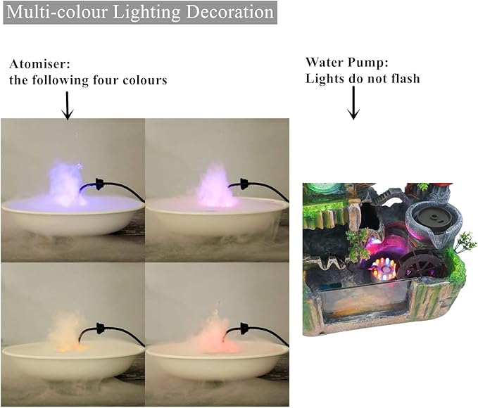 Rockery Fountain Indoor Tabletop Water Fountains Atomizing Humidifier Fountain Desktop Decorations, with LED Light, 110V Waterfall with Rockery Resin Ornament for Home, Office Decoration.
