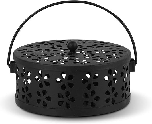 Portable Iron Mosquito Coil Holder with Handle Round Heat-Resistant Incense Holder for Home Office Camping (Black) - Bloomnest