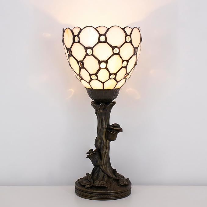 Small Tiffany Lamp Mini Stained Glass Table Lamp Cream Bead Accent Desk Uplight W6 H13.5 Inch Bronze Resin Base - Bloomnest