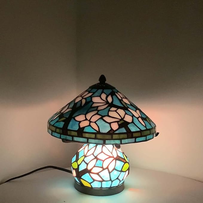 Bieye L10905 Tiffany Style Stained Glass Mushroom-Shaped Double Lit Table Lamp for Home Decor (10-inch, White Magnolia)