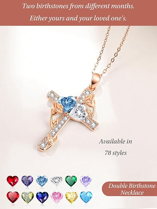 Rose Gold Dual Birthstones Cross Necklace for Women Rose Flower Jewelry Anniversary Christmas Mother's Valentine's Day Birthday Gift for Wife Girlfriend Mom - Bloomnest