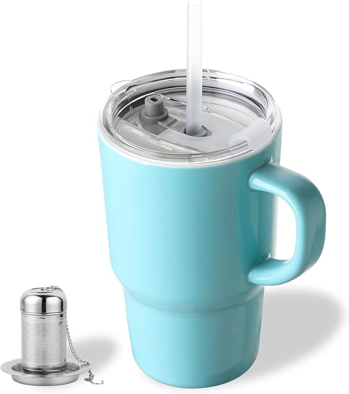 Sweejar Ceramic Travel Mug with Lid, 16 oz Portable Coffee Mug, Dishwasher Safe Tea Cup with Infuser, Reusable Teacup for Car Cup Holder, Tea Lovers(Turquoise) - Bloomnest